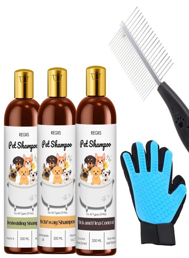 مجموعة العناية بالحيوانات الأليفة مع 3 عبوات من شامبو الكلاب، 200 مل لكل عبوة، لإزالة الشعر الزائد، ومنح شعور بالانتعاش، ومكافحة القراد والبراغيث مع قفاز ومشط للعناية (عبوة من 5 قطع) - Image 1